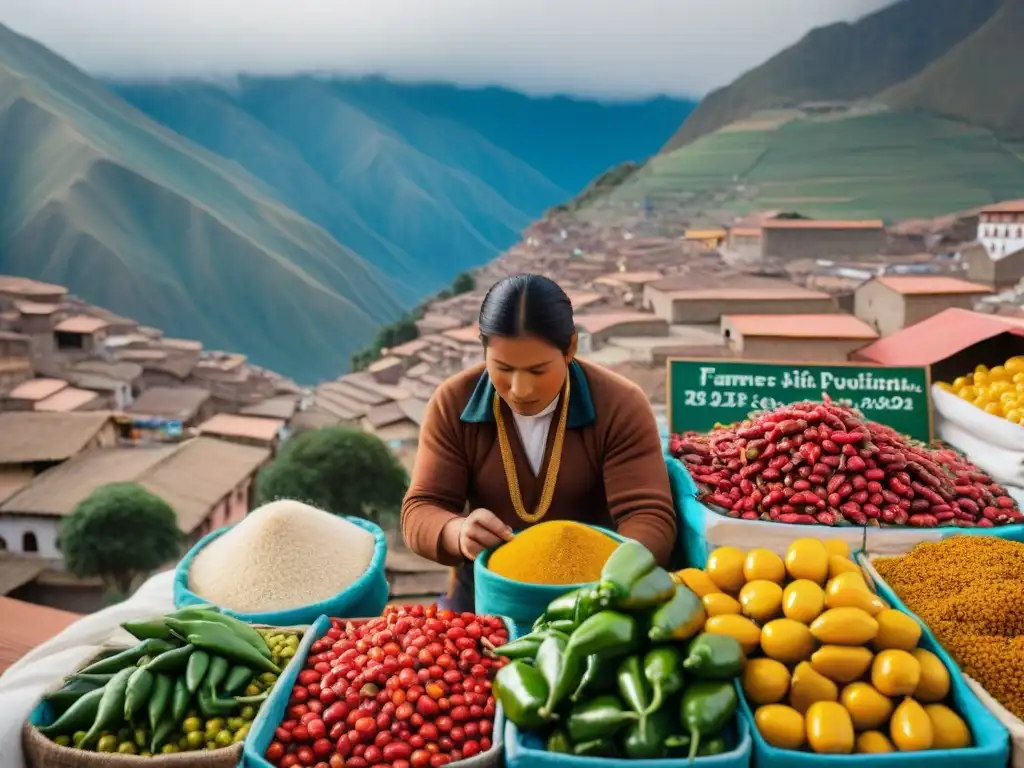 Un vibrante mercado de Cusco rebosante de puestos de Ají Cusqueño, donde la gastronomía peruana y la historia imperial se fusionan