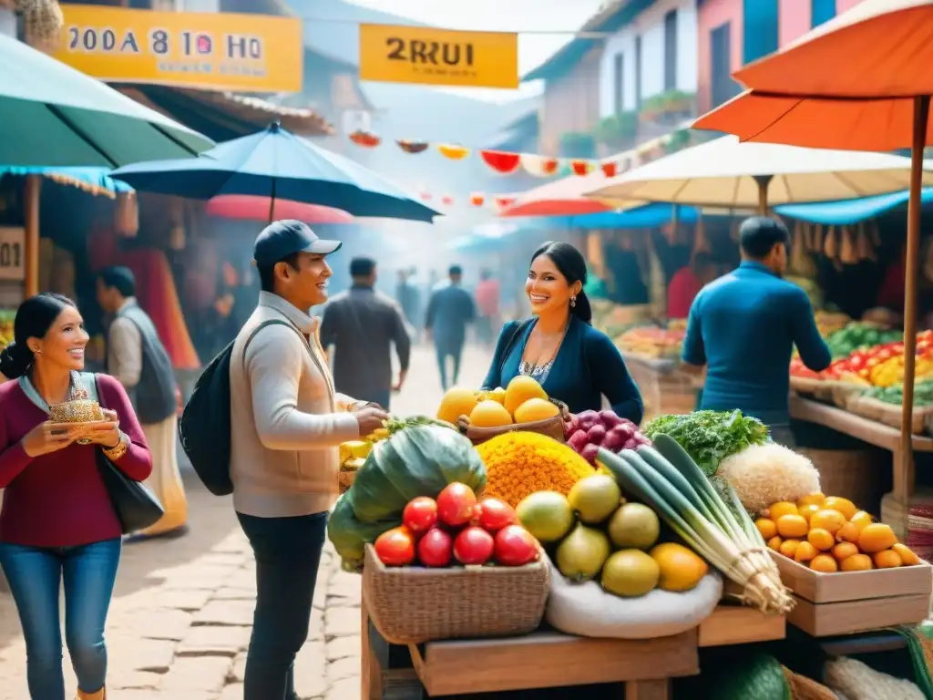 Un vibrante mercado en Perú con emprendedores de 'Startups cajas suscripción alimentos peruanos' presentando sus servicios entre colores y tradiciones