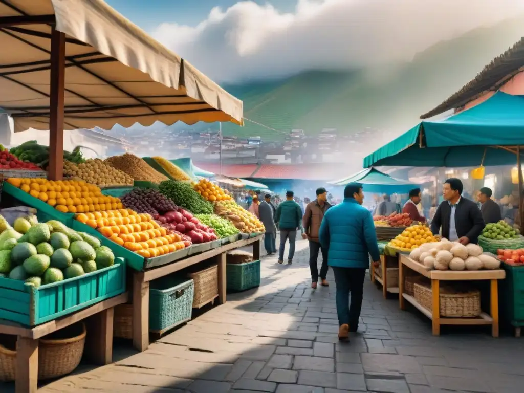 Un vibrante mercado en Lima, Perú, muestra la energía de la gastronomía peruana con colores y sabores