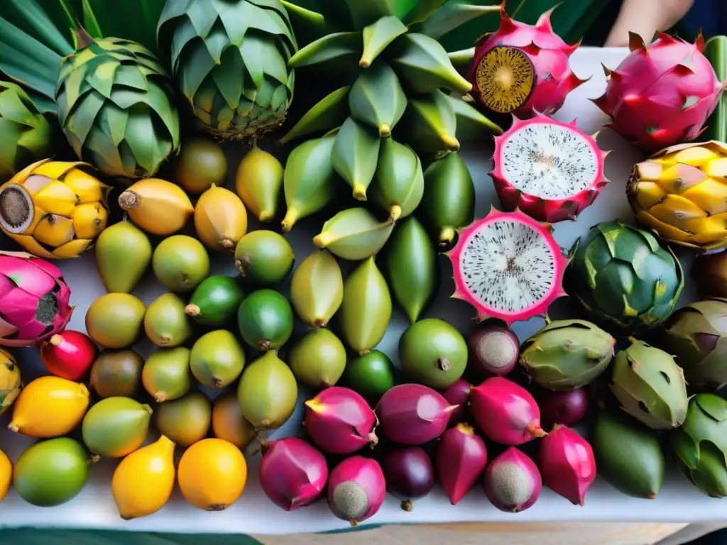 Un vibrante mercado de frutas amazónicas con ingredientes exóticos como dragon fruit y açaí