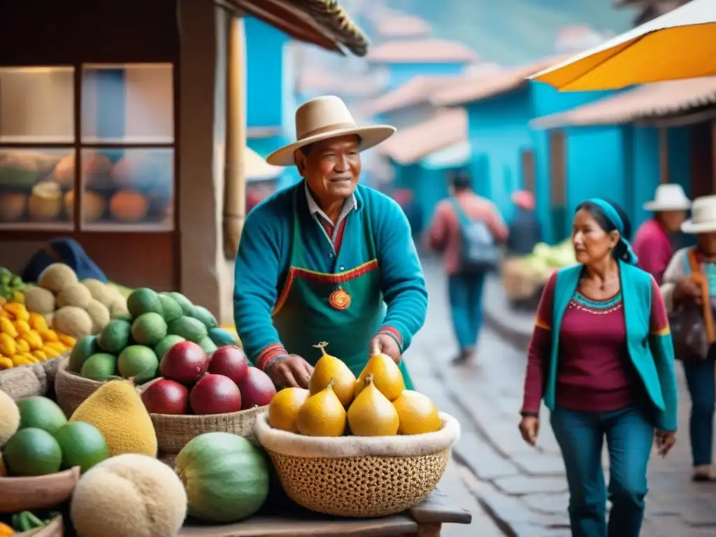 Vibrante mercado de San Pedro en Cusco, Perú, con frutas y textiles peruanos