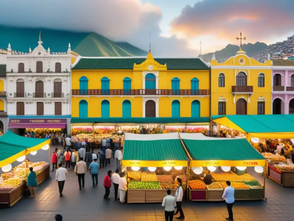 Un vibrante mercado gastronómico en Lima, Perú, con puestos de comida y clientes disfrutando de platos peruanos