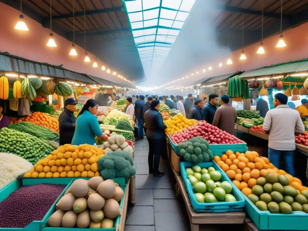 Vibrante mercado gastronómico en Lima Perú con puestos coloridos, locales animados y delicias locales