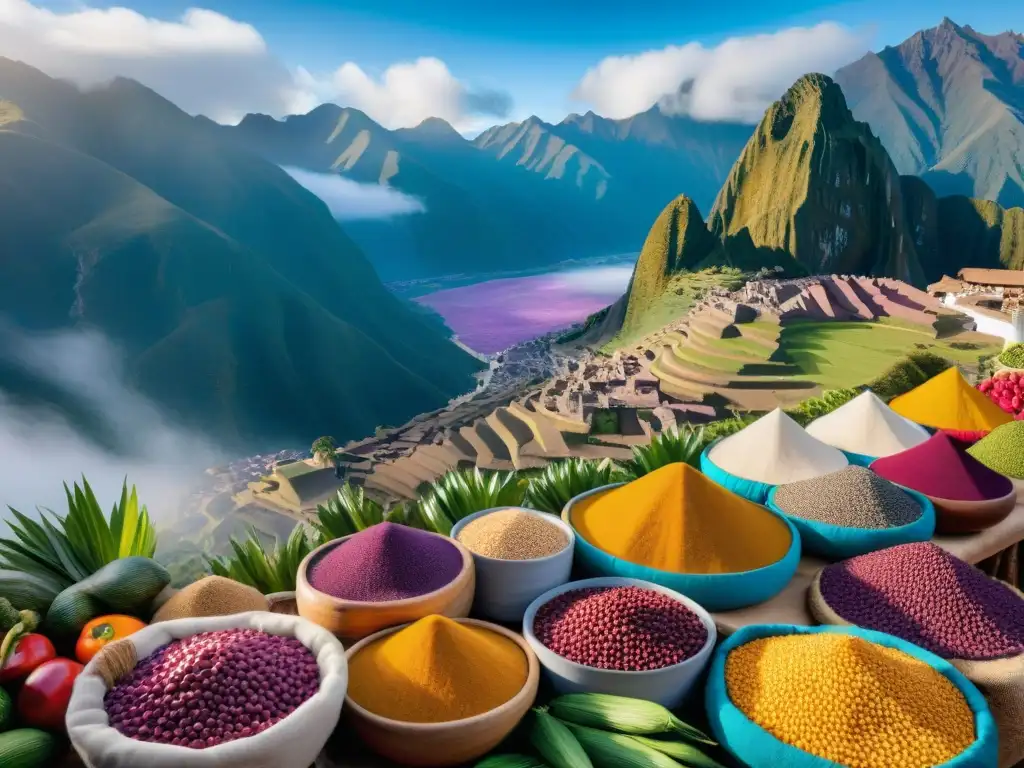 Un vibrante mercado en Perú con ingredientes autóctonos y coloridos bajo el sol andino