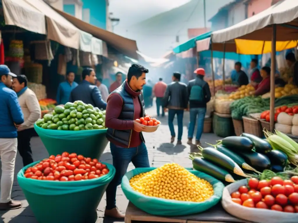 Vibrante mercado en Arequipa con ingredientes para la receta ensalada Solterito Arequipeño