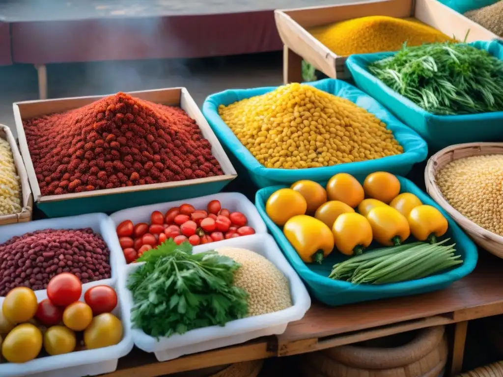 Vibrante mercado en Chiclayo, Perú, con ingredientes para la receta Arroz con Pato Chiclayana