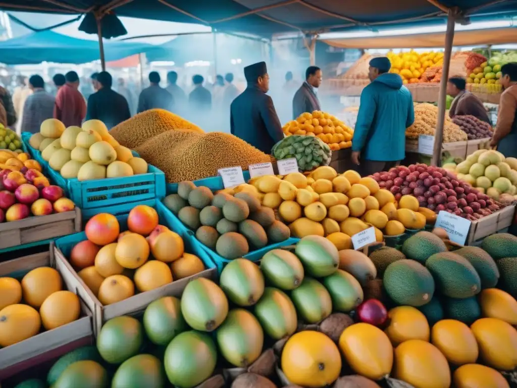 Vibrante mercado internacional con frutas exóticas y beneficios cocona superalimento estrella