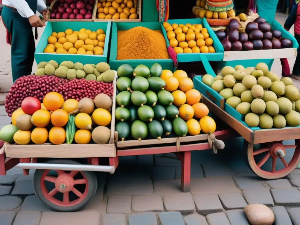 Un vibrante mercado en Perú con jugos naturales peruanos y frutas exóticas, mostrando la riqueza cultural de la gastronomía andina