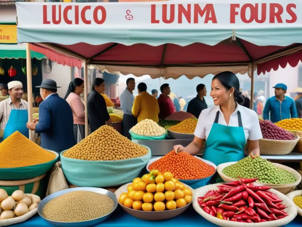 Vibrante mercado limeño con ingredientes tradicionales y platos típicos de la gastronomía peruana en Lima