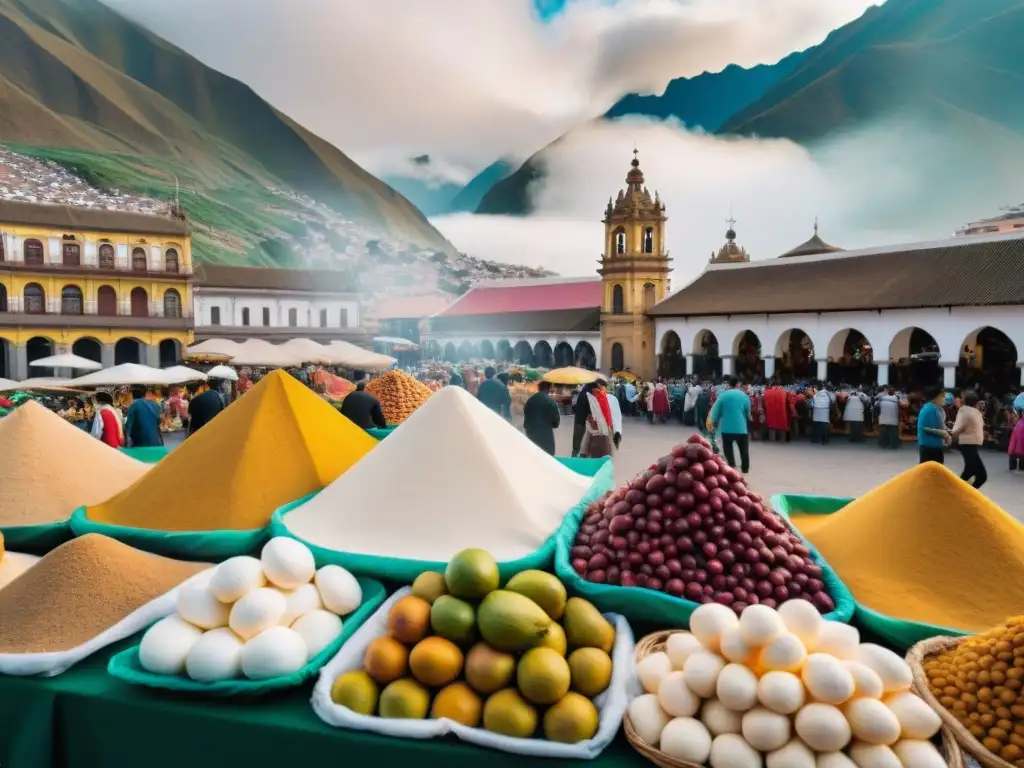 Vibrante mercado limeño con ingredientes frescos y coloridos, reflejando la rica historia del suspiro limeño