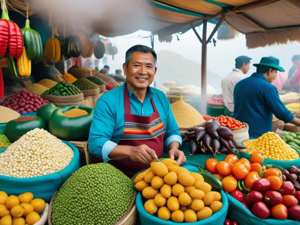 Un vibrante mercado limeño con ingredientes peruanos y vendedores en atuendos tradicionales