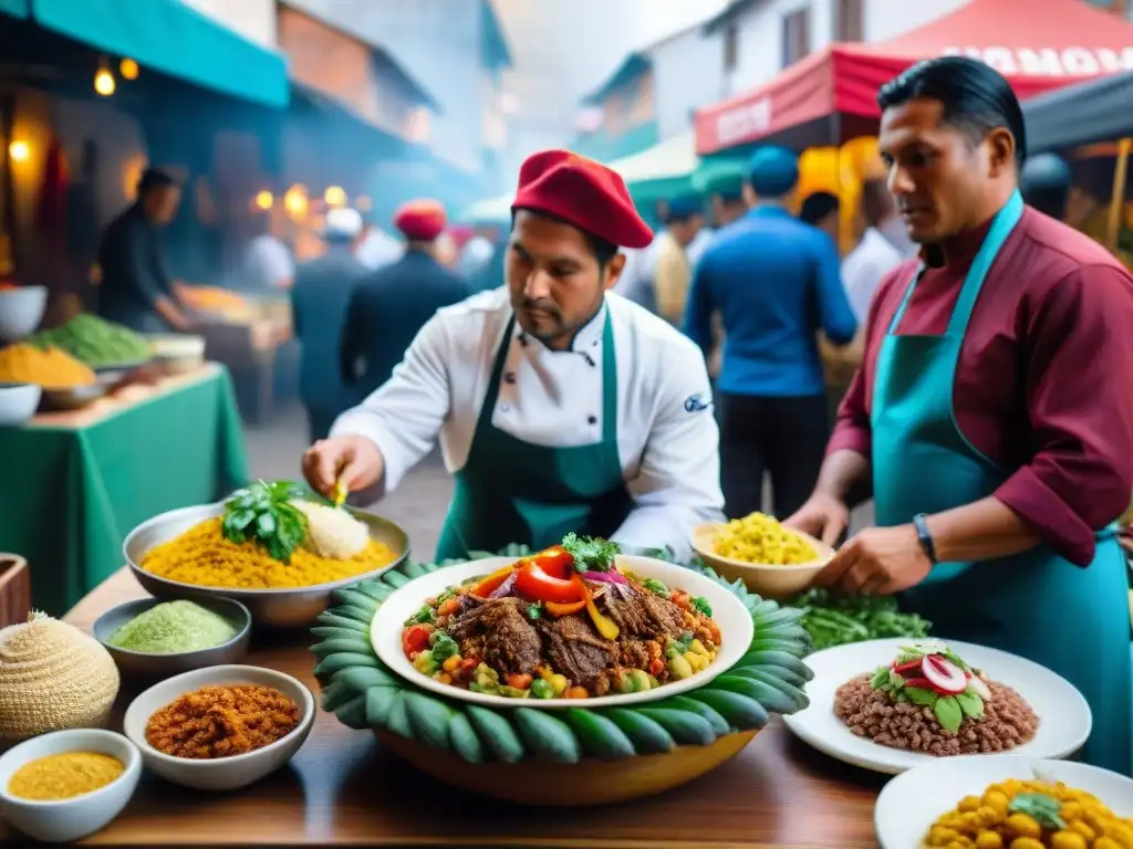 Vibrante mercado limeño postindependencia con gastronomía peruana, platos tradicionales y fusiones culinarias