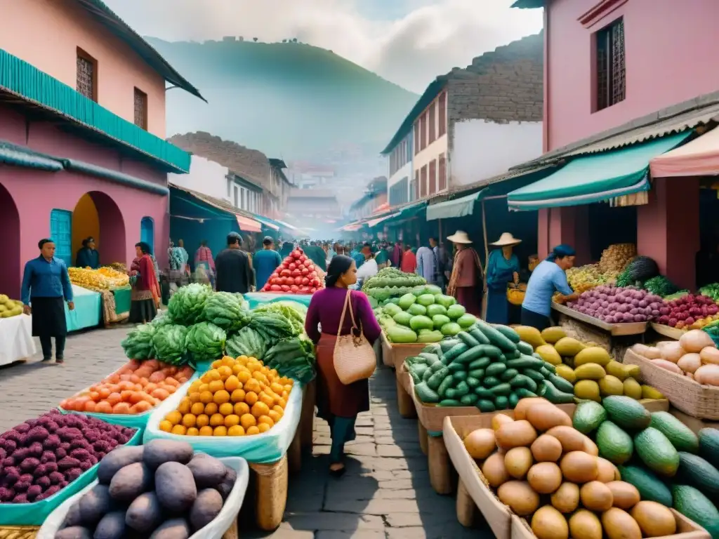 Vibrante mercado limeño con productos locales y mujeres indígenas en trajes tradicionales