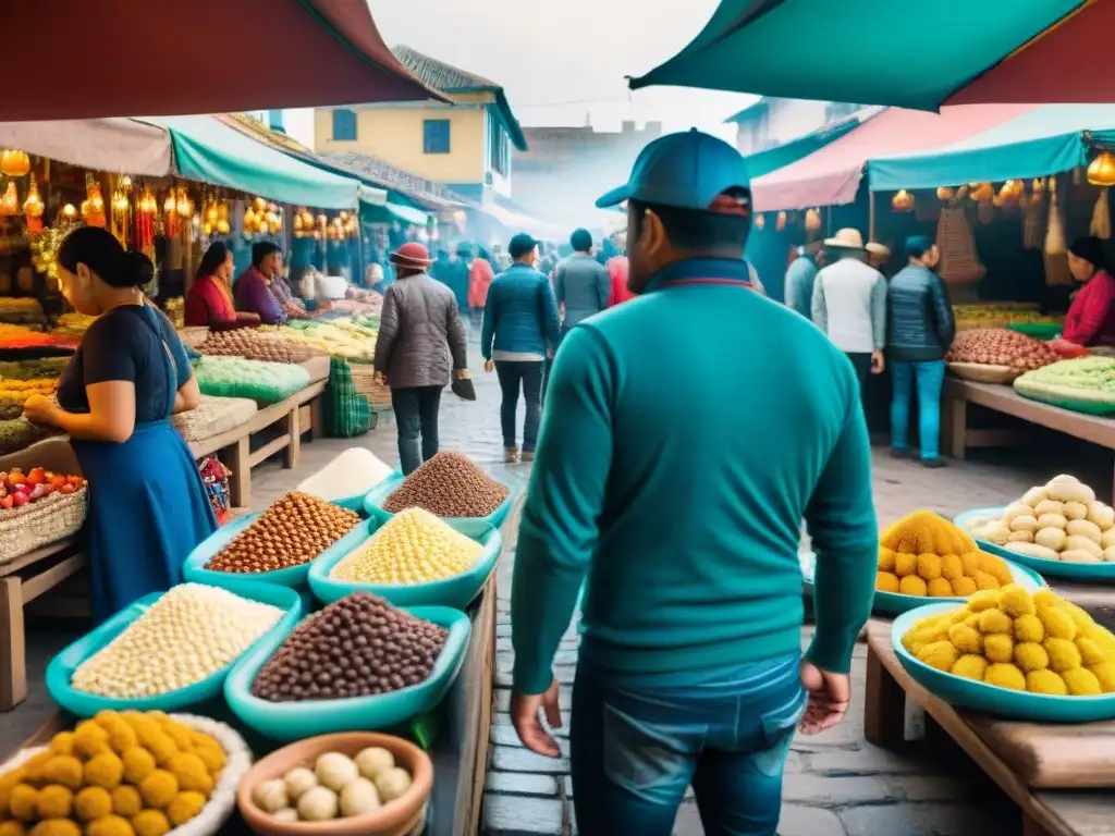 Vibrante mercado limeño con suspiro a la limeña en cerámica, reflejando la cultura culinaria