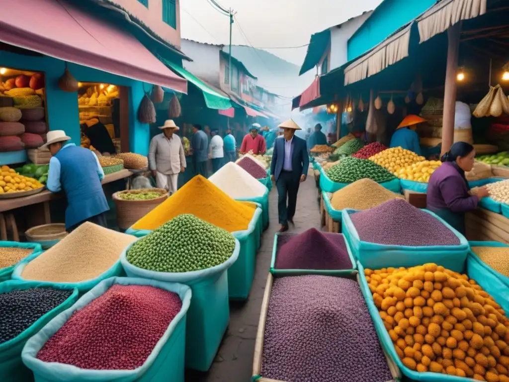 Un vibrante mercado local en Lima, Peru, con ingredientes peruanos coloridos