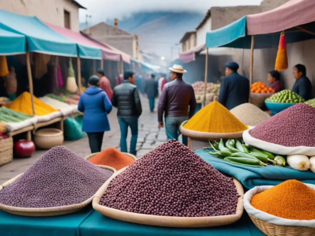 Vibrante mercado local en Arequipa, Perú, con ingredientes andinos y tejidos tradicionales