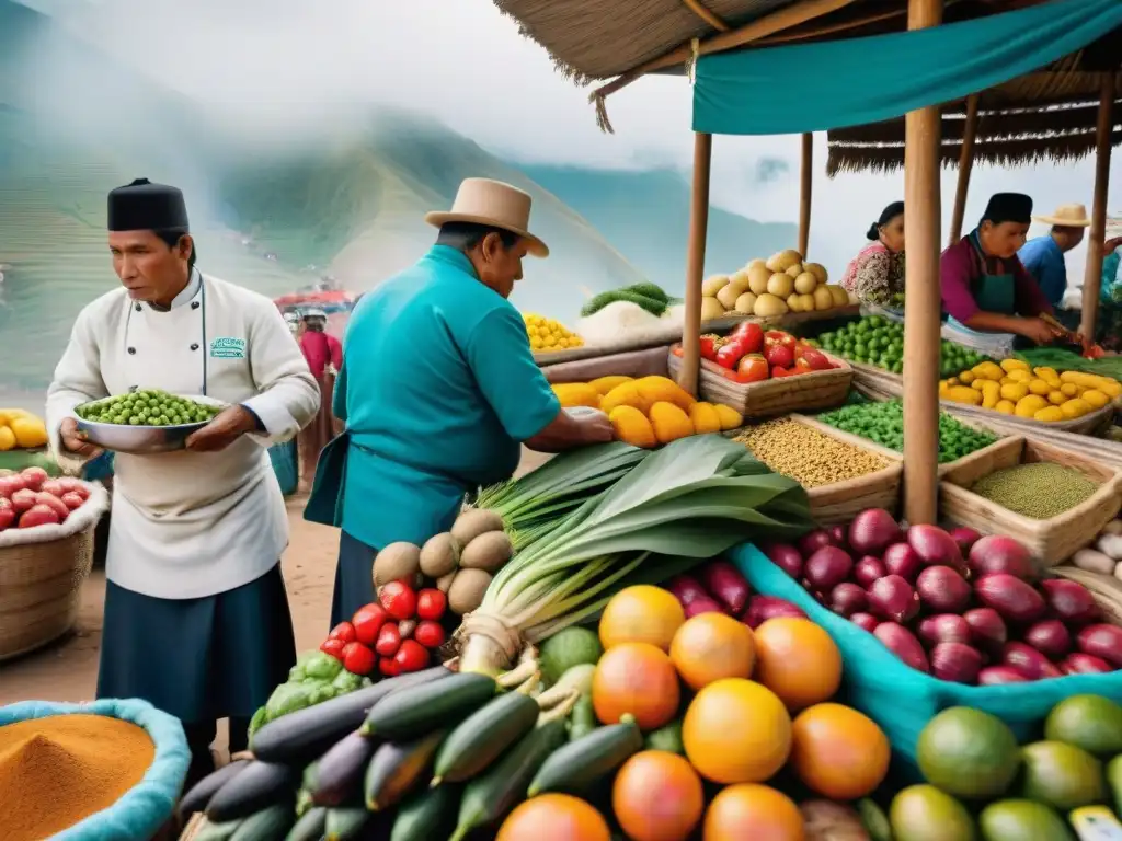 Un vibrante mercado local en Perú con ingredientes autóctonos que conectan la ecogastronomía con chefs y revistas gastronomía peruana