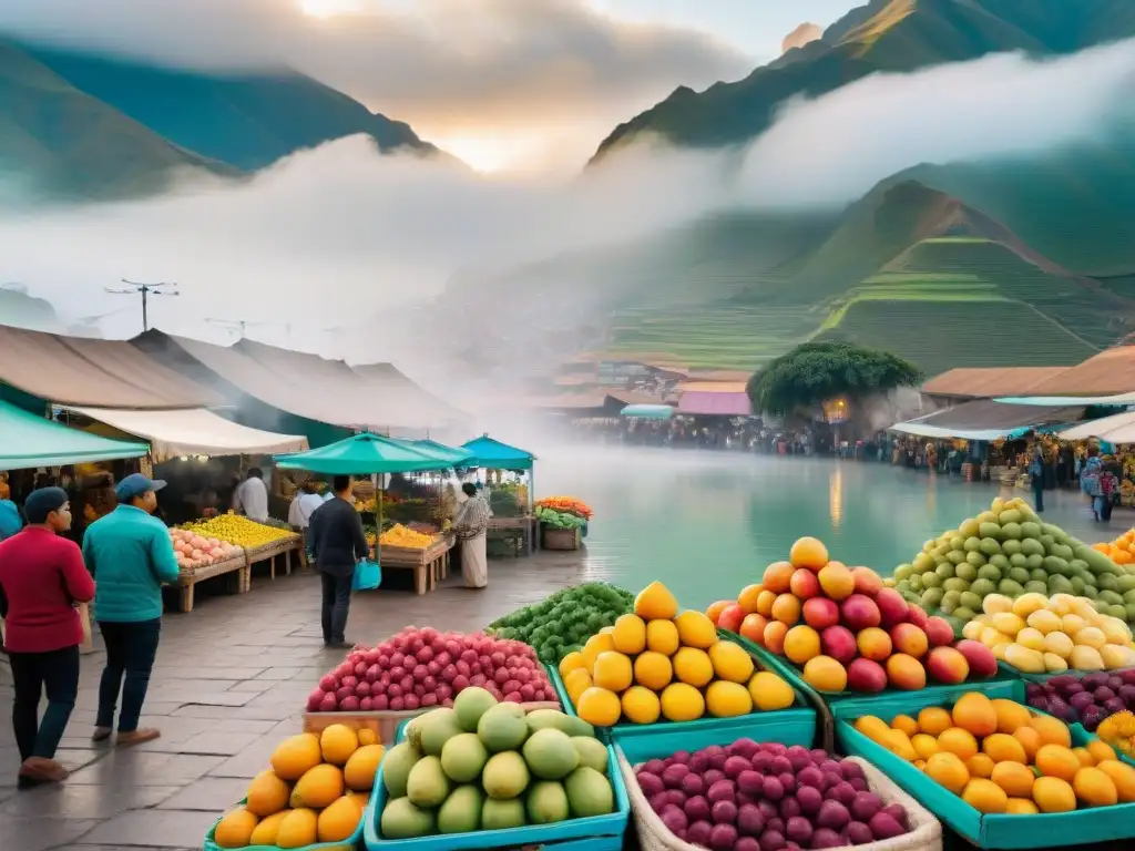 Un vibrante mercado local en Lima, Perú, con platos tradicionales de la gastronomía peruana y coloridas frutas