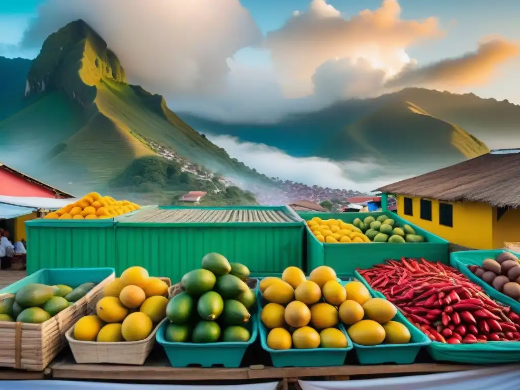 Vibrante mercado local en Tumbes, Perú, con productos frescos y vendedores tradicionales