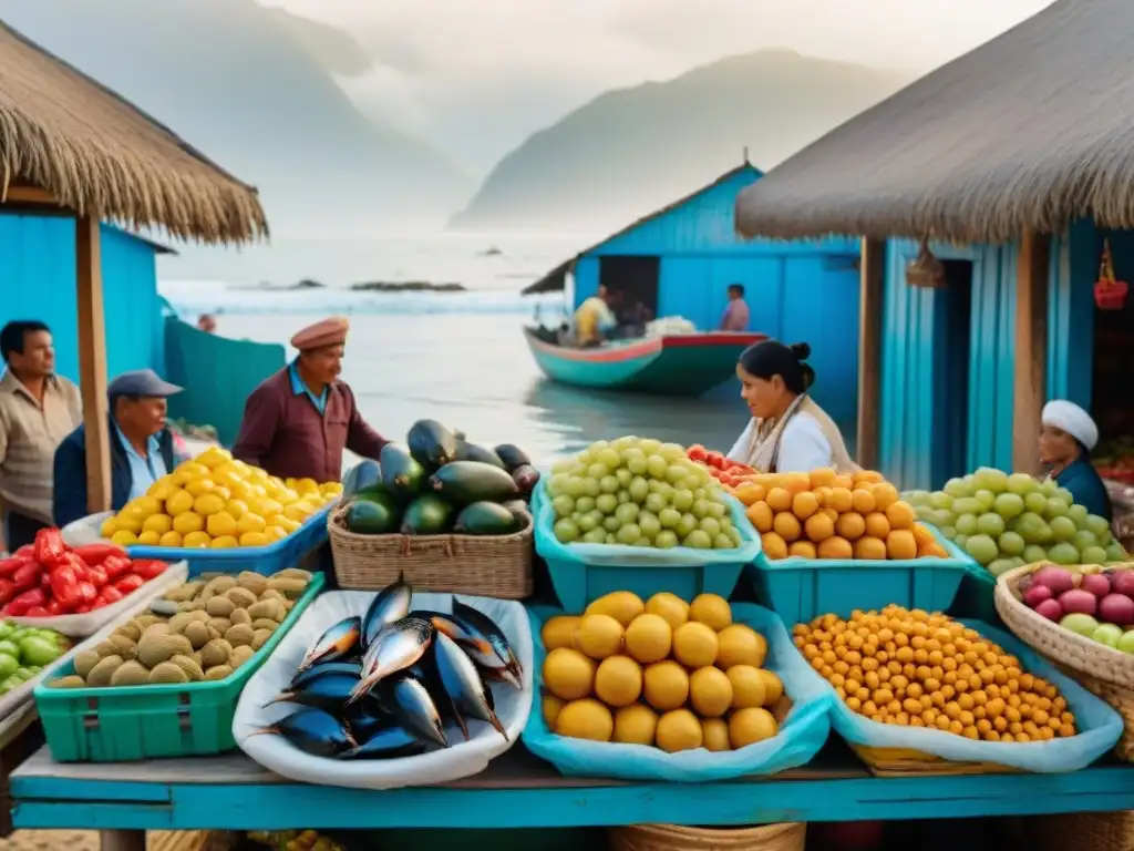 Un vibrante mercado local en Lambayeque, Perú, con puestos de mariscos frescos y frutas coloridas