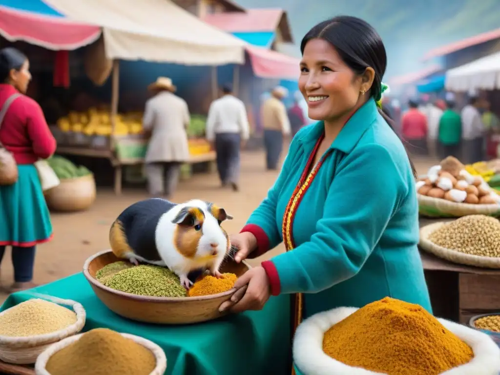 Vibrante mercado local en el sur de Perú con delicias tradicionales y un vendedor presentando cuy fresco