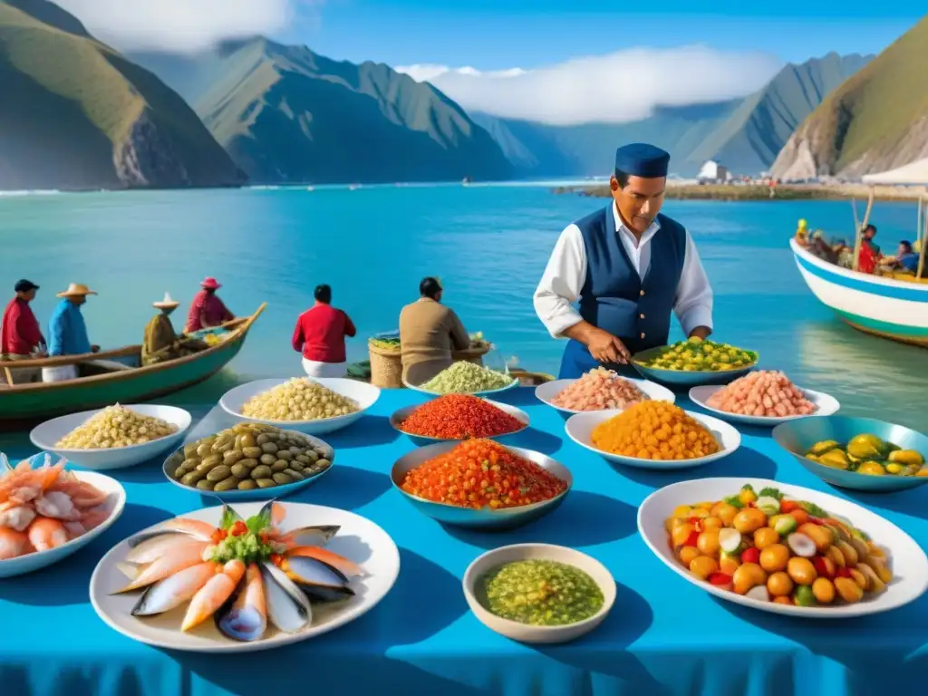 Vibrante mercado de mariscos en el Festival del Marisco en Perú, con pescadores locales descargando productos frescos del mar