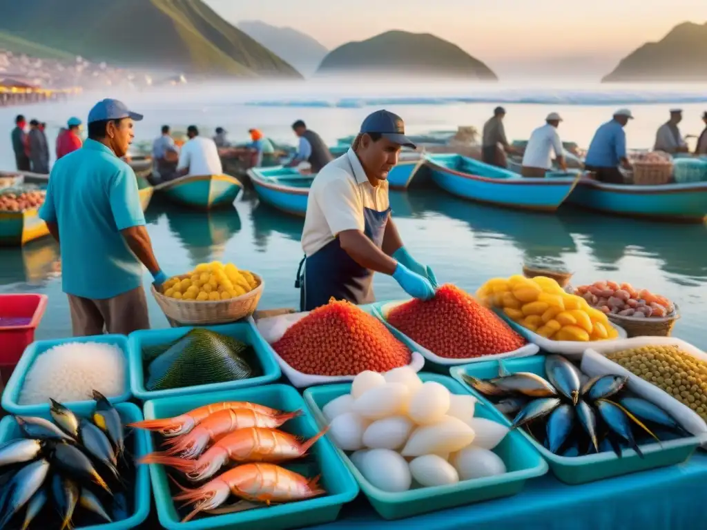 Un vibrante mercado de mariscos en el Festival del Marisco en Perú, con pescadores, mariscos frescos y coloridas embarcaciones al amanecer