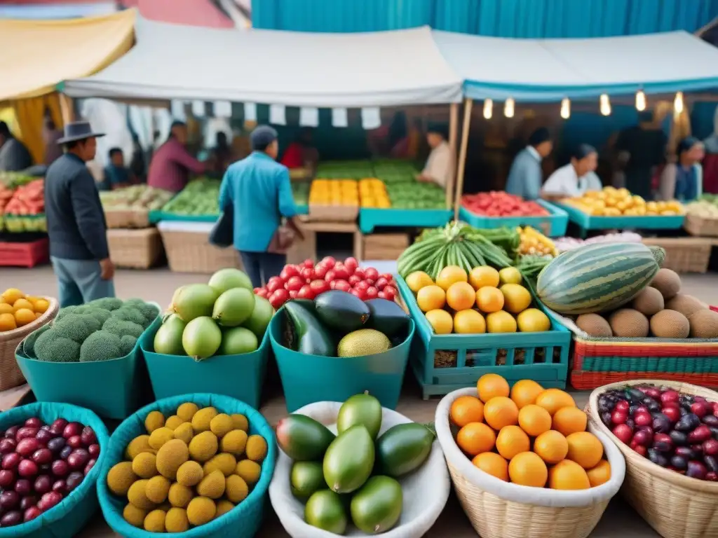 Vibrante mercado peruano con aguaymanto y vendedores en trajes tradicionales