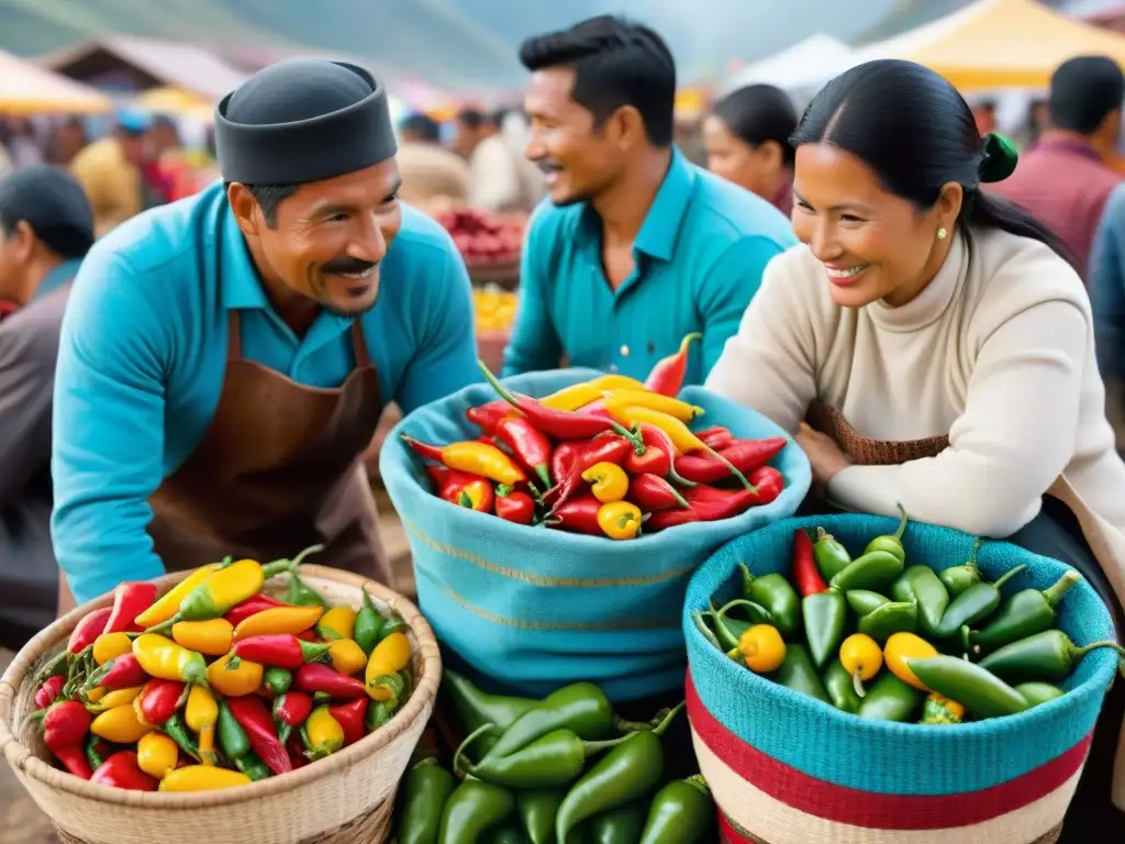 Vibrante mercado peruano con ají amarillo en cestas