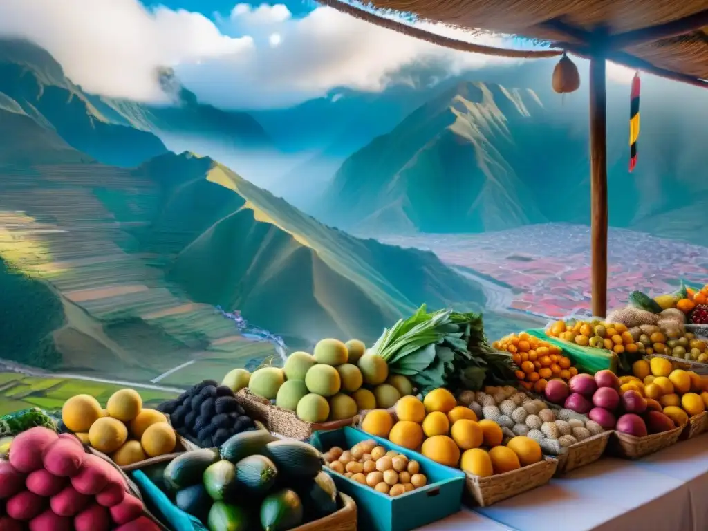 Un vibrante mercado peruano con alimentos sostenibles en gastronomía peruana