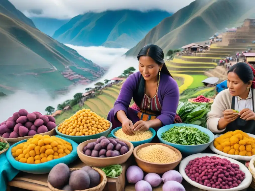 Un vibrante mercado peruano en los Andes, influencia altitud sabor platos, mujeres preparando delicias