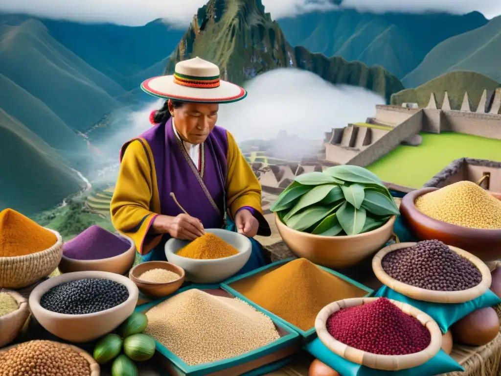 Mercado vibrante de superalimentos peruanos: tradición y fusión global Un vibrante mercado peruano con superfoods andinos y fusión culinaria global