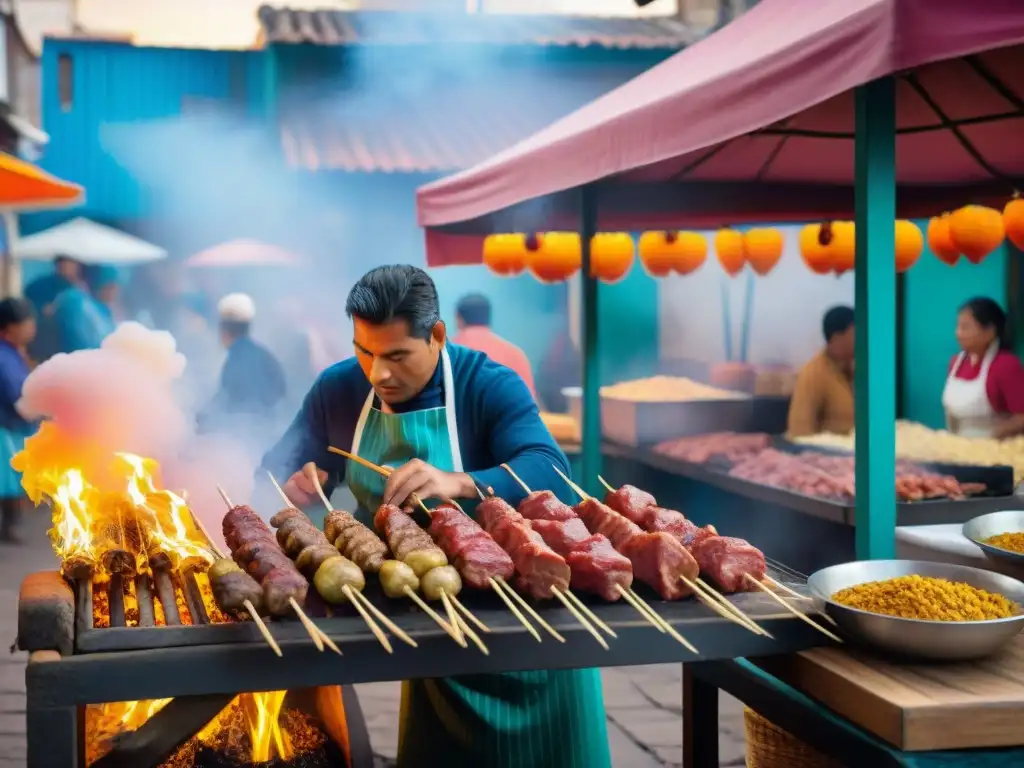 Vibrante mercado peruano al anochecer: anticuchos, músicos y secretos del anticucho peruano