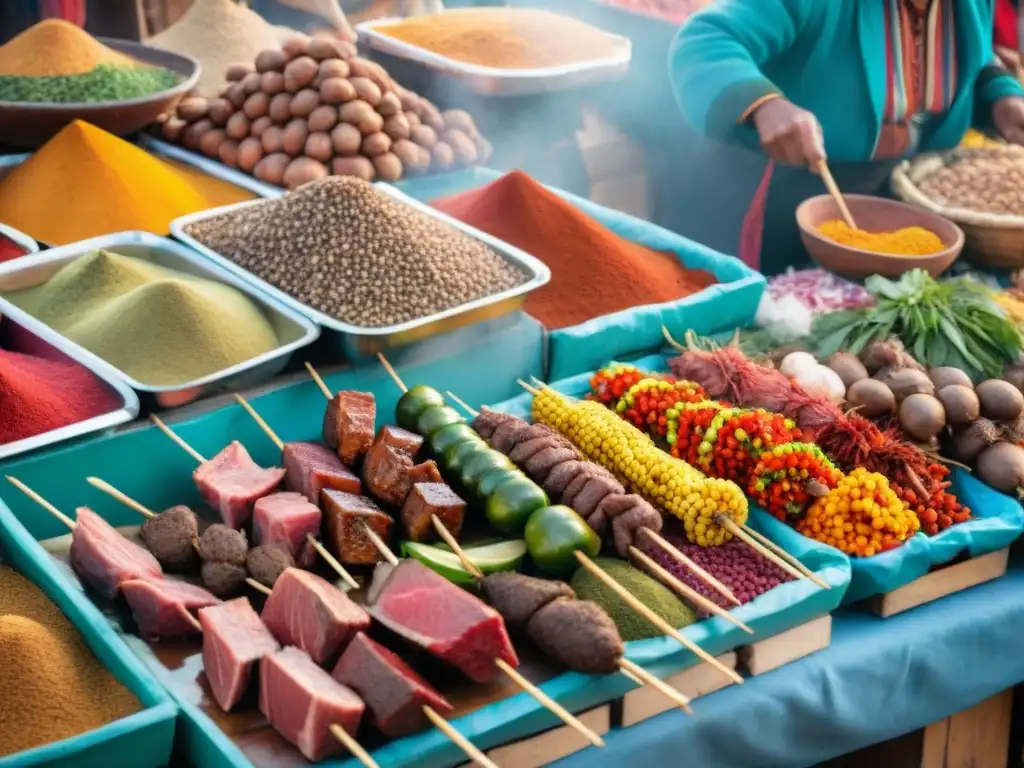 Un vibrante mercado peruano al atardecer, con especias coloridas, hierbas frescas y anticuchos listos para la parrilla