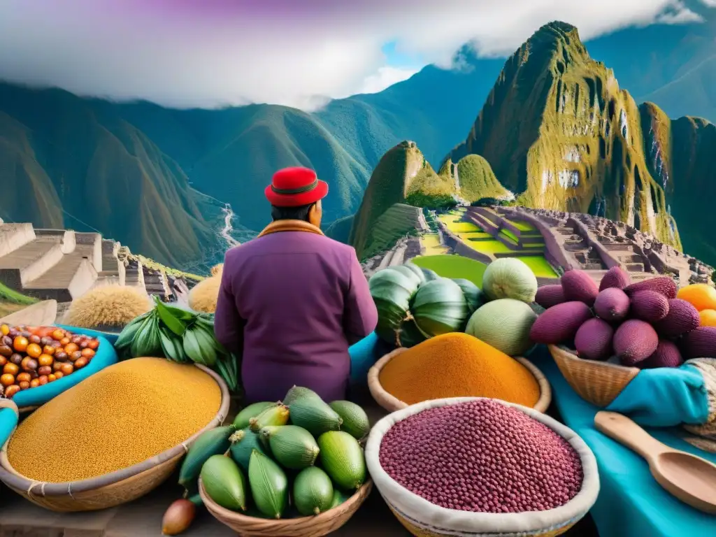 Vibrante mercado peruano con blockchain para trazabilidad de ingredientes, fusionando lo tradicional con lo tecnológico