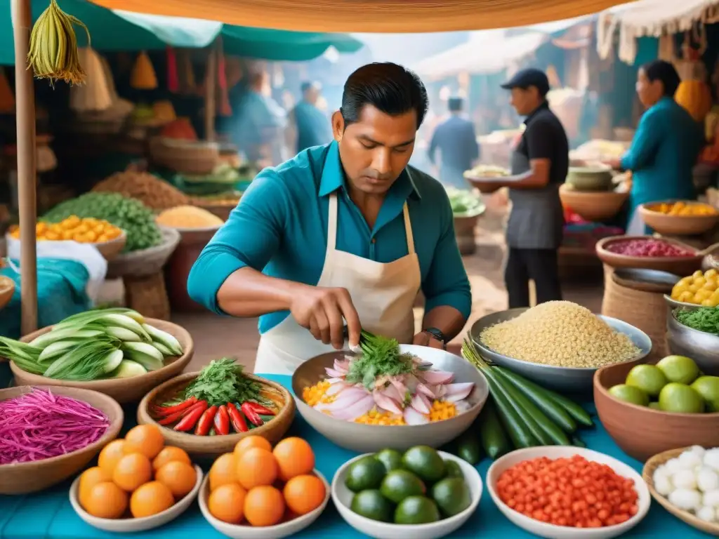 Vibrante mercado peruano, ceviche preparado con ingredientes frescos y coloridos, clientes atentos