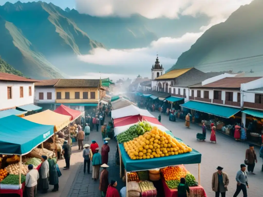 Vibrante mercado peruano con ceviche y pisco, colores, montañas Andes y cultura local