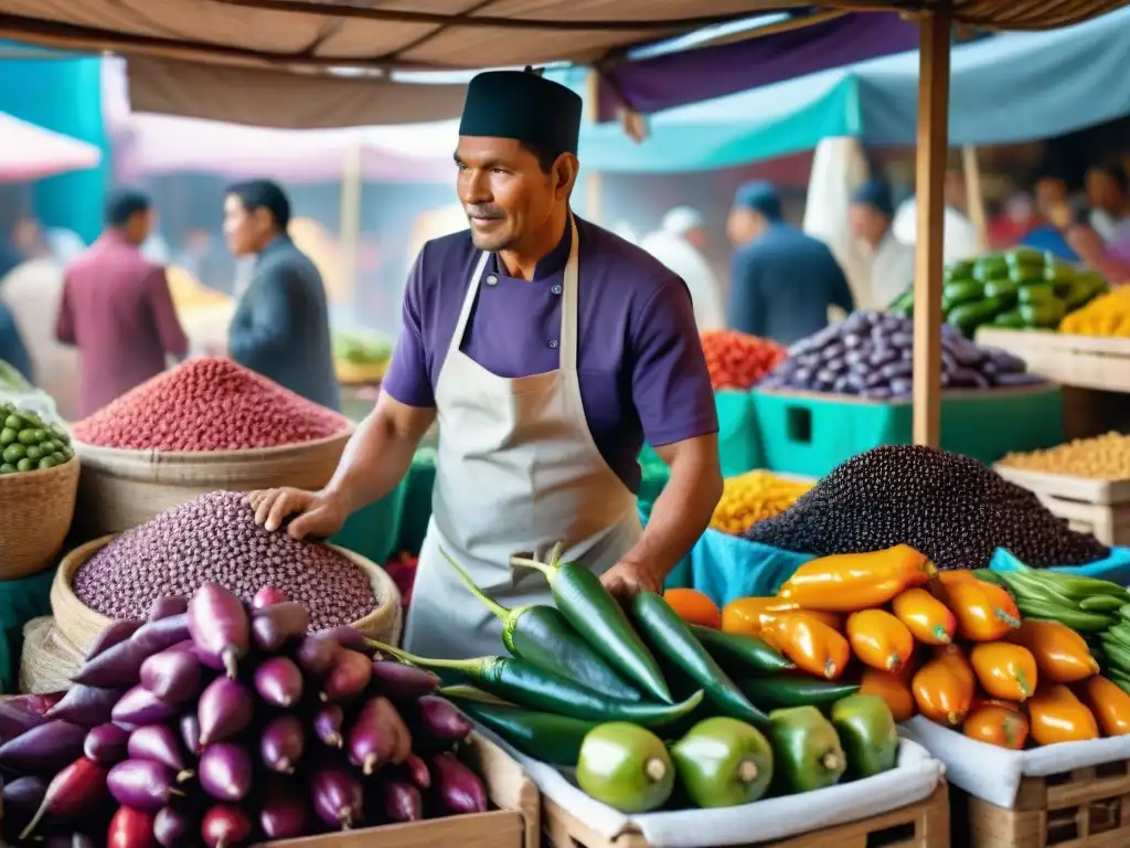 Vibrante mercado peruano con chef seleccionando ingredientes frescos, clientes y vendedores conversando