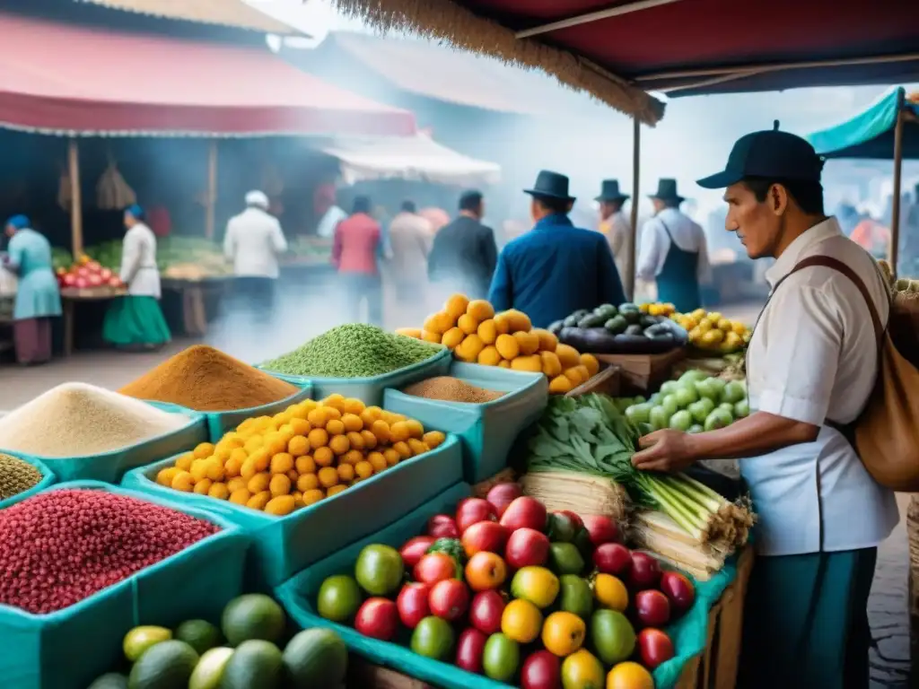 Vibrante mercado peruano con chefs locales y clientes, fusionando redes sociales en la cocina peruana