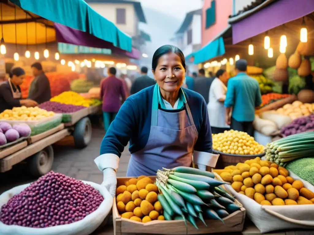 Un vibrante mercado peruano en Lima, con chefs y abuelas peruanas discutiendo innovación culinaria Lima Perú