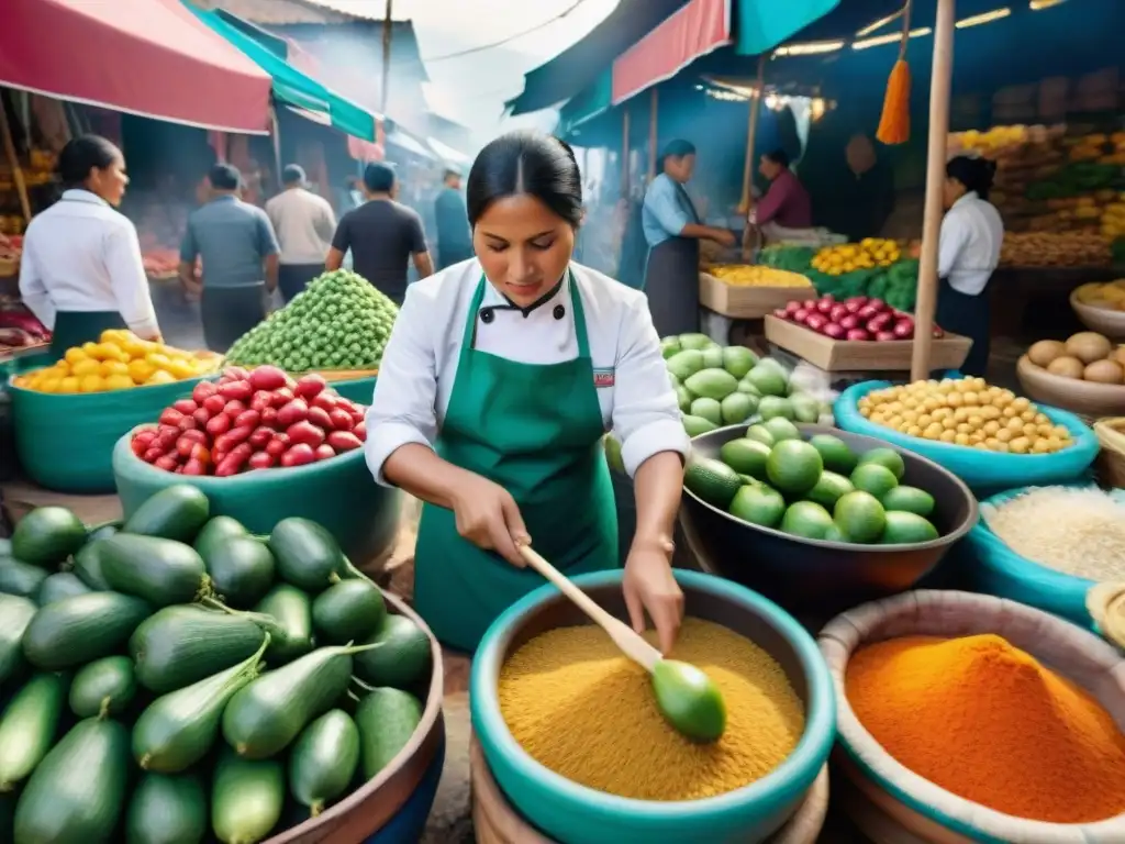 Vibrante mercado peruano con chefs preparando platos tradicionales, reflejando la esencia de la fotografía gastronómica cocina peruana