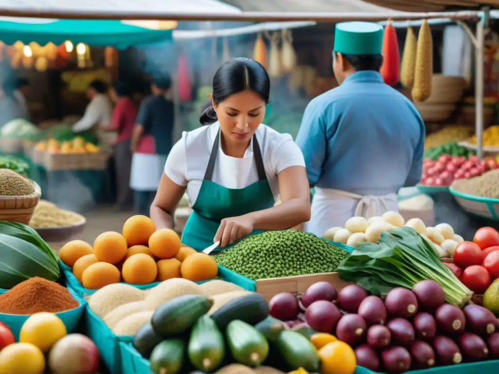 Vibrante mercado peruano con chefs locales y mujeres indígenas preparando platos auténticos