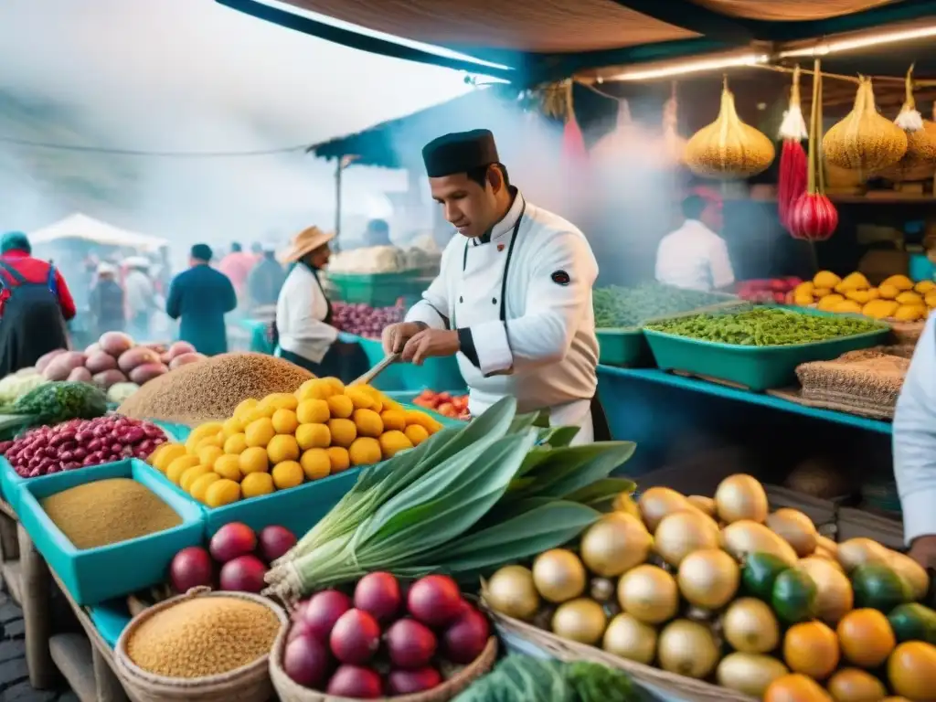 Un vibrante mercado peruano con chefs locales cocinando platos tradicionales y clientes disfrutando, reflejando la rica gastronomía de Perú