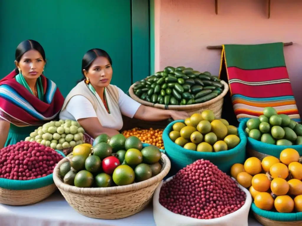 Un vibrante mercado peruano con chirimoyas, textiles andinos y locales en trajes tradicionales