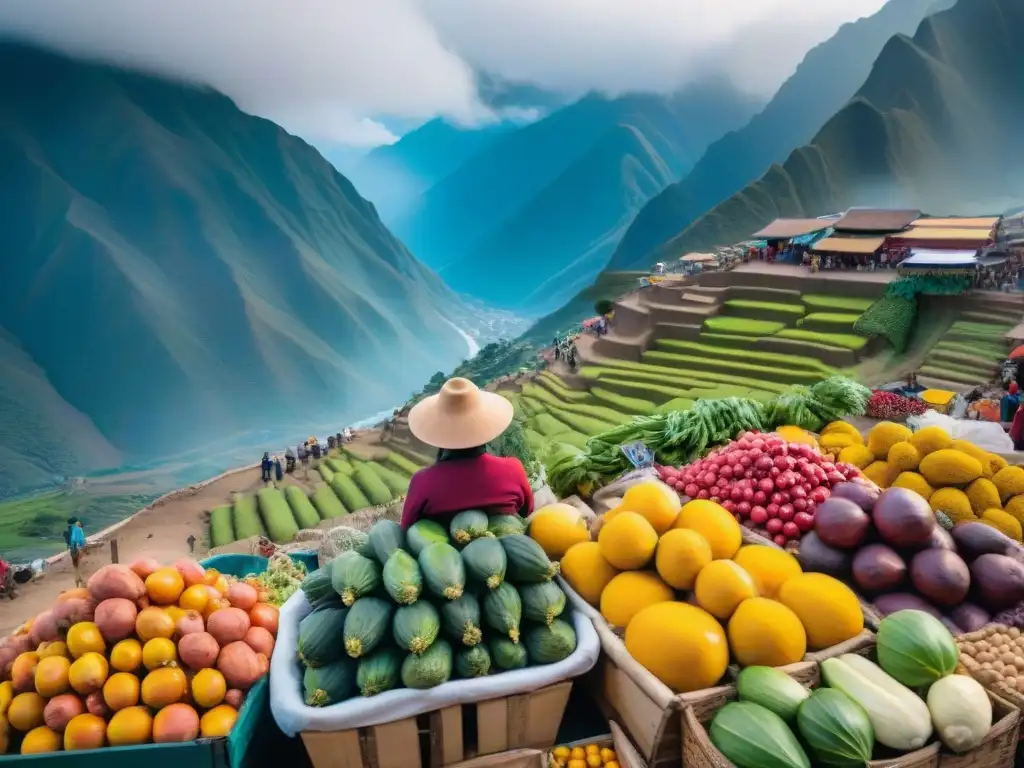 Un vibrante mercado peruano con colores exóticos y la majestuosa Cordillera de los Andes al fondo