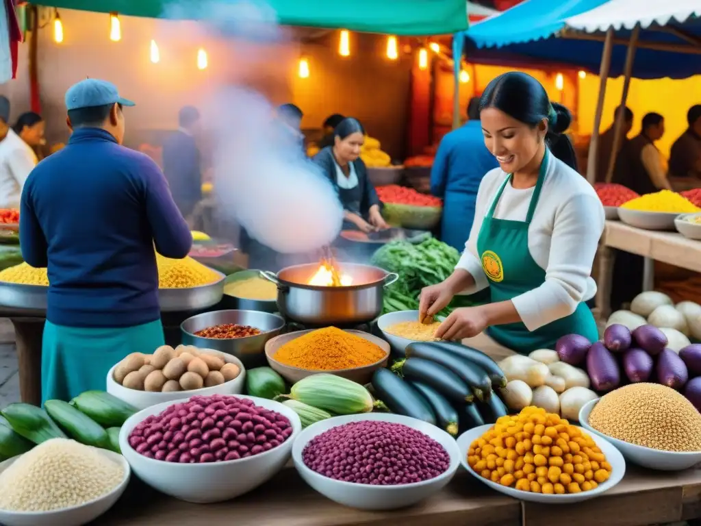 Vibrante mercado peruano con coloridas verduras y chefs preparando platos tradicionales