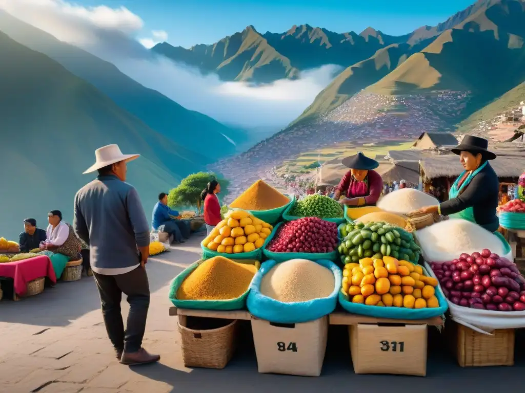 Un vibrante mercado peruano con coloridas frutas, tejidos y cerámica, vendedores preparando ceviche y empanadas, todo bajo los Andes iluminados