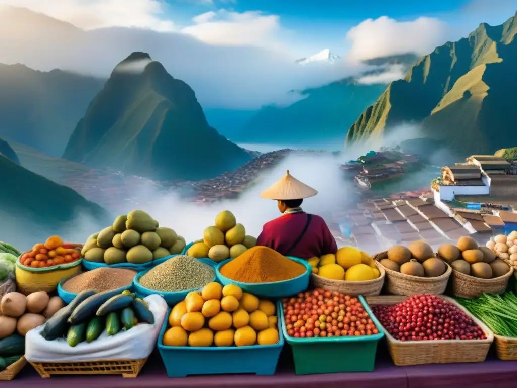 Vibrante mercado peruano con coloridos puestos de frutas y verduras, vendedores locales y majestuosos Andes