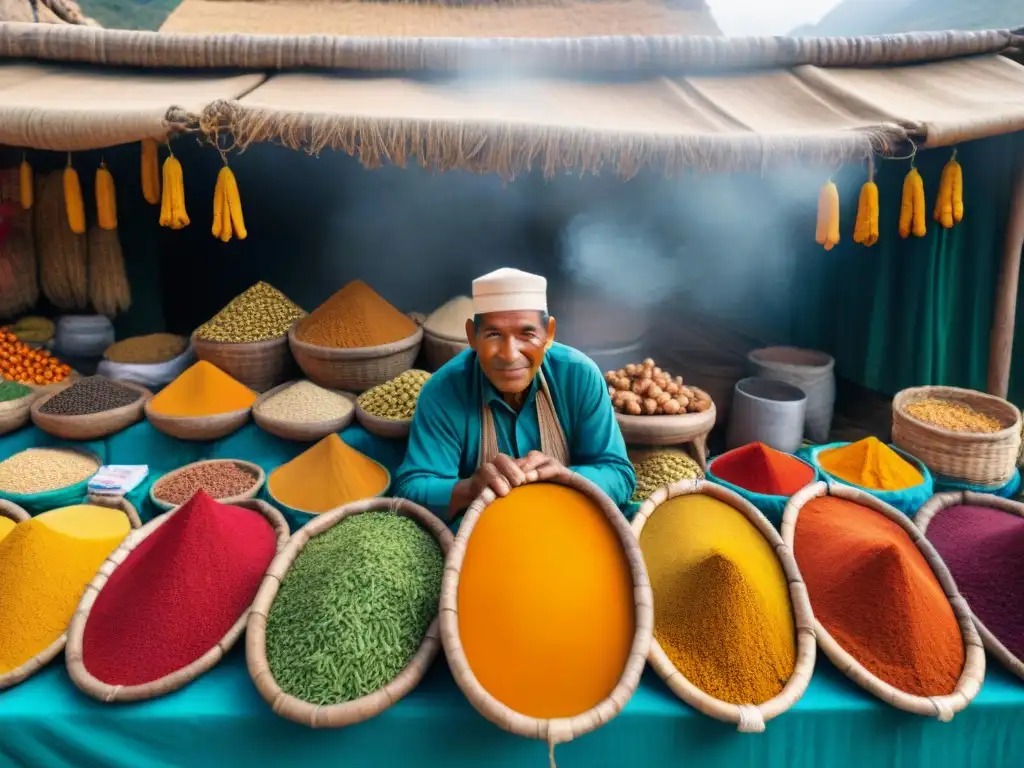 Vibrante mercado peruano con cúrcuma fresca, especias coloridas y textiles tradicionales