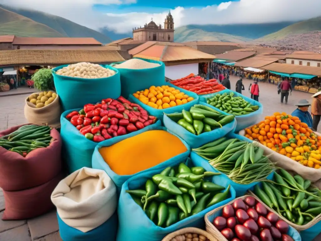 Vibrante mercado peruano en Cusco con el icónico Ají Cusqueño